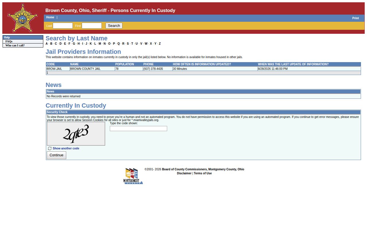 Brown County Jail current-custody roster search interface for booking records