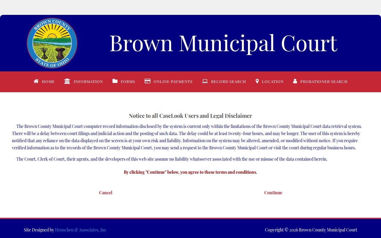 Brown County Municipal Court case-search page for post-booking record checks