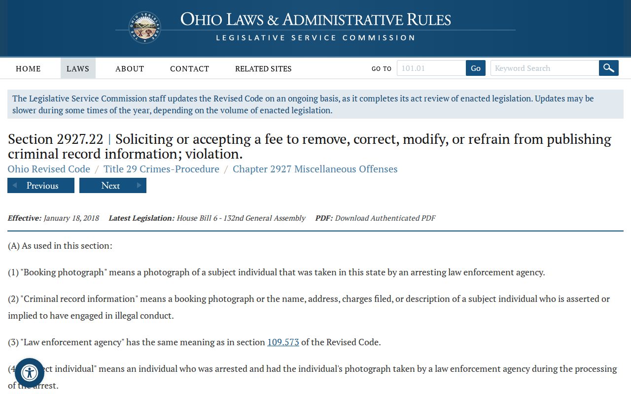 Ohio booking-photo law page used for Brown County booking record guidance