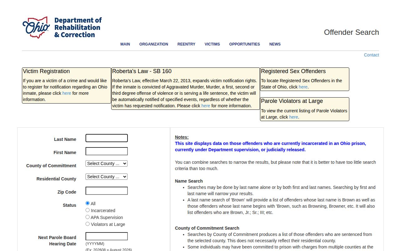 Ohio Department of Rehabilitation and Correction offender search for Brown County record context