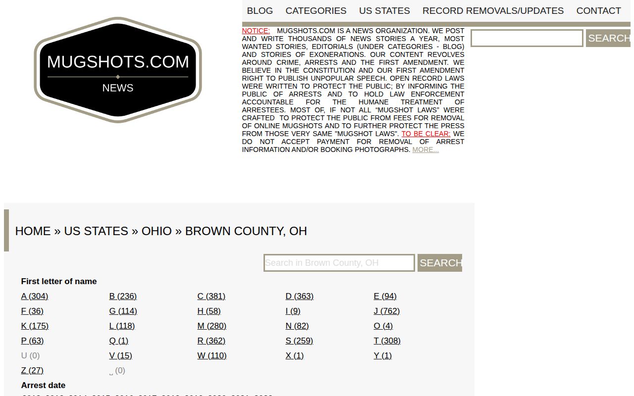 Brown County third-party mugshot landscape shown as an unofficial record source